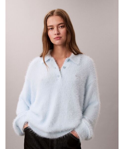 Calvin Klein(カルバン・クライン)の「ニット - ファジーニットポロセーター(ポロシャツ・レディース・スカイブルー系/ホワイト系その他7/ダークグレー・M/XS/S)」の3枚目の写真