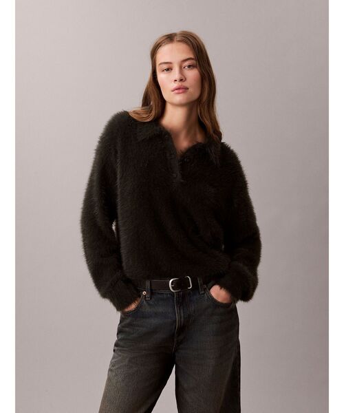 Calvin Klein(カルバン・クライン)の「ニット - ファジーニットポロセーター(ポロシャツ・レディース・スカイブルー系/ホワイト系その他7/ダークグレー・M/XS/S)」の1枚目の写真