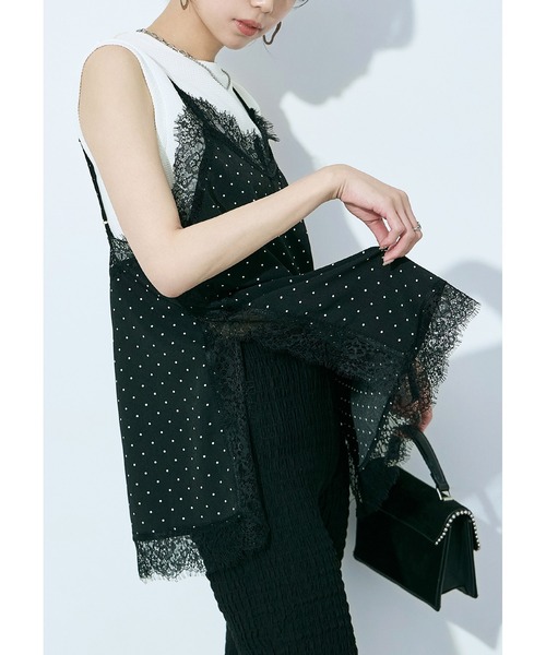 Fashion Letter(ファッションレター)の「ジョーゼットドット×レース ランジェリーキャミ(ワンピース・レディース・ブラック/キナリ・M)」の1枚目の写真