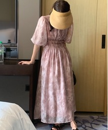 水彩フラワー パフスリーブシャーリングワンピース