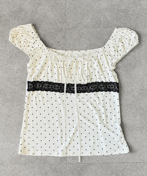 SHEPP(シープ)の「レース切替 ドット柄 オフショルダー シャーリングブラウス 半袖 トップス(Tシャツ/カットソー・レディース・グレー/ホワイト/ブラック・F)」の22枚目の写真