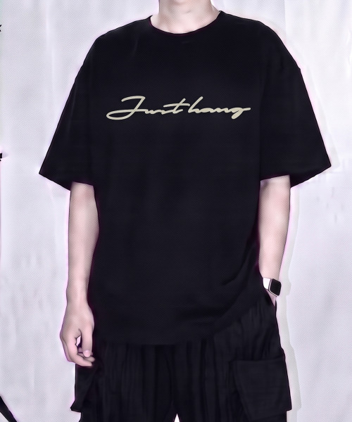 JUSTHANG(ジャストハング)の「プレミアム半袖ブラックレタリングロゴ(クリーム)オーバーサイズ半袖Tシャツ(Tシャツ/カットソー・メンズ・その他・LARGE/X-LARGE/XXX-LARGE/XXXX-LARGE)」の2枚目の写真