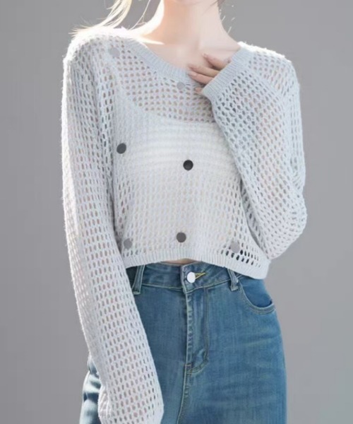 Ritzy（リッツィー）の「透かし編み・長袖クロップドニット（キラキラ付）（ニット/セーター・レディース・グレー/ピンク/ホワイト・FREE）」の11枚目の写真