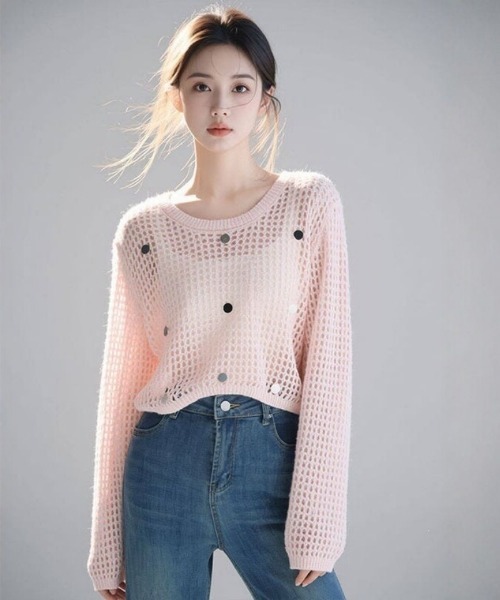 Ritzy（リッツィー）の「透かし編み・長袖クロップドニット（キラキラ付）（ニット/セーター・レディース・グレー/ピンク/ホワイト・FREE）」の8枚目の写真