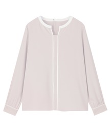 マットジョーゼット 配色 キーネック ブラウス 長袖 レディースデザインシャツ