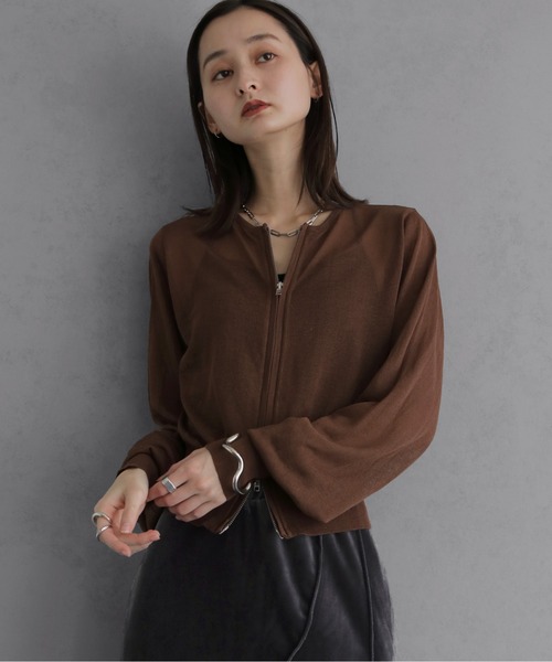 &g'aime(アンジェム)の「【&g'aime 】シアーWジップカーディガン Sheer Double Zip Cardigan(カーディガン/ボレロ・レディース・ブラック/ブラウン/グレイッシュベージュ・FREE)」の3枚目の写真