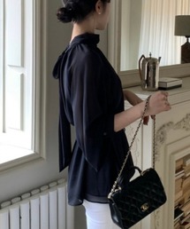 YUGA_YGMC　　Korean-style   Half-high neck ribbon-tie shirt blouse