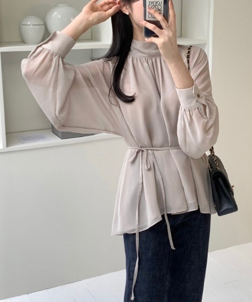 YUGA(ユーガ)の「YUGA_YGMC Korean-style Half-high neck ribbon-tie shirt blouse(シャツ/ブラウス・レディース・ネイビー/ベージュ・FREE)」の8枚目の写真
