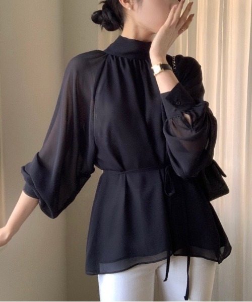 YUGA(ユーガ)の「YUGA_YGMC Korean-style Half-high neck ribbon-tie shirt blouse(シャツ/ブラウス・レディース・ネイビー/ベージュ・FREE)」の9枚目の写真