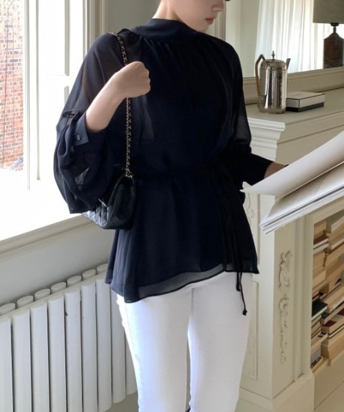 YUGA(ユーガ)の「YUGA_YGMC Korean-style Half-high neck ribbon-tie shirt blouse(シャツ/ブラウス・レディース・ネイビー/ベージュ・FREE)」の15枚目の写真