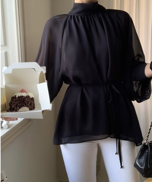 YUGA(ユーガ)の「YUGA_YGMC Korean-style Half-high neck ribbon-tie shirt blouse(シャツ/ブラウス・レディース・ネイビー/ベージュ・FREE)」の13枚目の写真