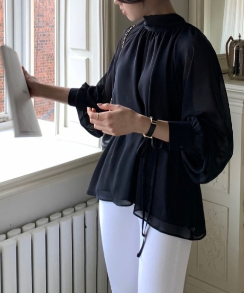 YUGA(ユーガ)の「YUGA_YGMC Korean-style Half-high neck ribbon-tie shirt blouse(シャツ/ブラウス・レディース・ネイビー/ベージュ・FREE)」の19枚目の写真