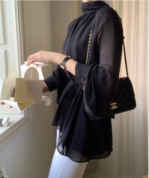 YUGA(ユーガ)の「YUGA_YGMC Korean-style Half-high neck ribbon-tie shirt blouse(シャツ/ブラウス・レディース・ネイビー/ベージュ・FREE)」の21枚目の写真
