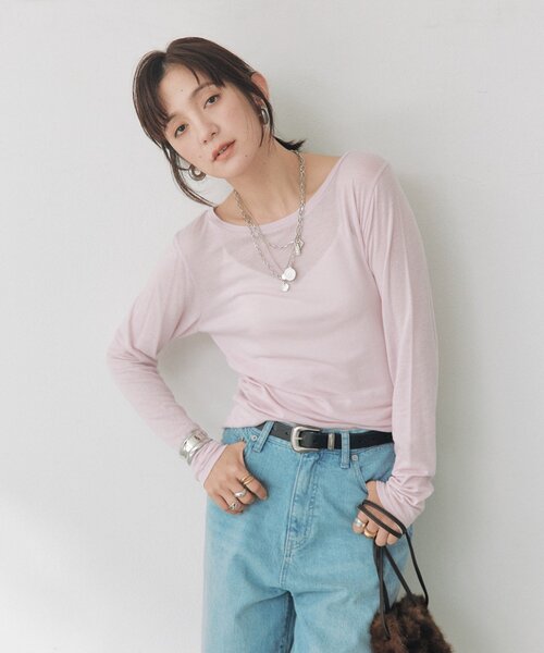 RIVE DROITE（リヴドロワ）の「シルクブレンドボートTee（秋服/冬服/オフィスカジュアル）（Tシャツ/カットソー・レディース・ピンク/オフホワイト/チャコールグレー・FREE）」の9枚目の写真