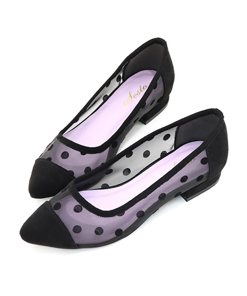 SESTO（セスト）の「シースルードットチュール2.2cmヒールポインテッドトゥパンプス/ドット柄ローヒールパンプス（パンプス・レディース・ブラック・24.0cm/25.5cm/22.0cm/23.0cm/22.5cm/23.5cm/24.5cm）」の6枚目の写真