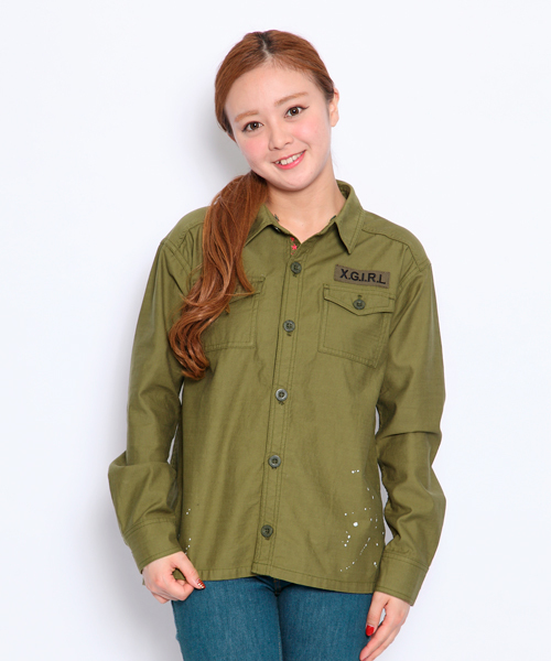 X-girl（エックスガール）の「ARMY SHIRT（シャツ/ブラウス・レディース・カモフラージュ/オリーブ/ネイビー・1/2）」の4枚目の写真