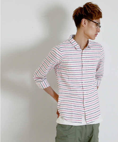 WEGO（ウィゴー）の「WEGO/総柄コットンリネン7分袖シャツ（シャツ/ブラウス・メンズ・ホワイト/ブルー/ブルー系その他/レッド系その他・MEDIUM/LARGE）」の4枚目の写真