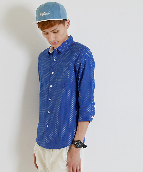 WEGO（ウィゴー）の「WEGO/総柄コットンリネン7分袖シャツ（シャツ/ブラウス・メンズ・ホワイト/ブルー/ブルー系その他/レッド系その他・MEDIUM/LARGE）」の3枚目の写真