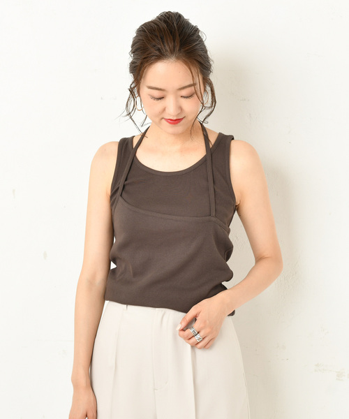 DouDou（ドゥドゥ）の「重ね着風キャミタンク（Tシャツ/カットソー・レディース・ブラック/ブラウン/オフホワイト/グレイッシュベージュ・FREE）」の3枚目の写真