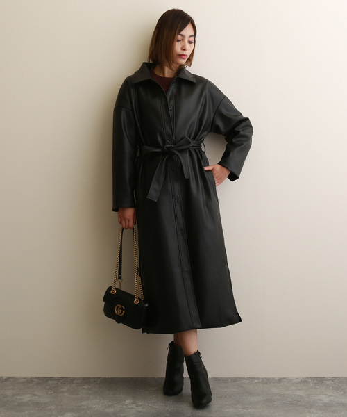 黒 レザー ロングコート ベルト付き Amazon | [Vic Gray] ロングコート レディース ロング丈 レザー