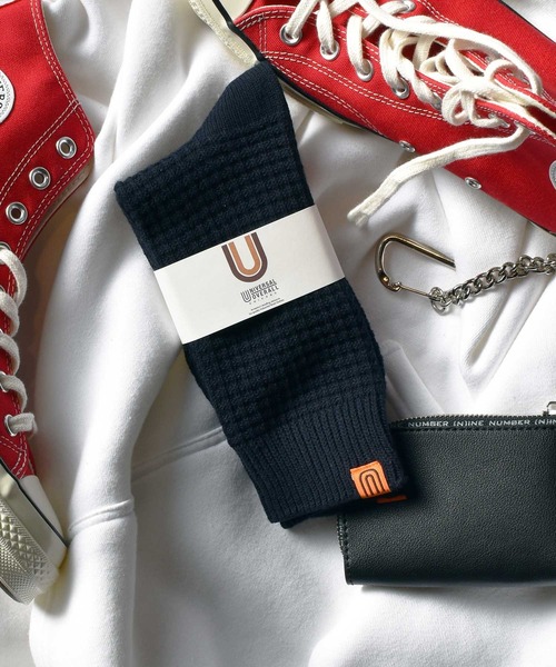 UNIVERSAL OVERALL（ユニバーサルオーバーオール）の「【UNIVERSAL OVERALL】USAコットンワッフルクルーソックス 靴下 LU-005A LU-403A（ソックス/靴下・メンズ・ブラック/ネイビー/グレー/レッド/オフホワイト/ベージュ/パープル・FREE/S）」の2枚目の写真