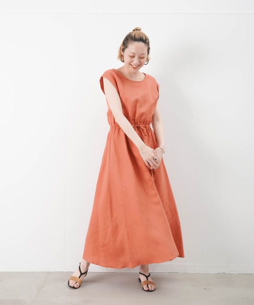 フレンチワンピース ワンピース Luca Lady チロン チロン Chironn Luca ルカ レディラックルカ のファッション Luca Lady ウエストギャザー ワンピース ドレス Luck セール 麻混