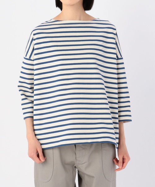 Orcival White/Blue ストライプ 七分袖カットソー
