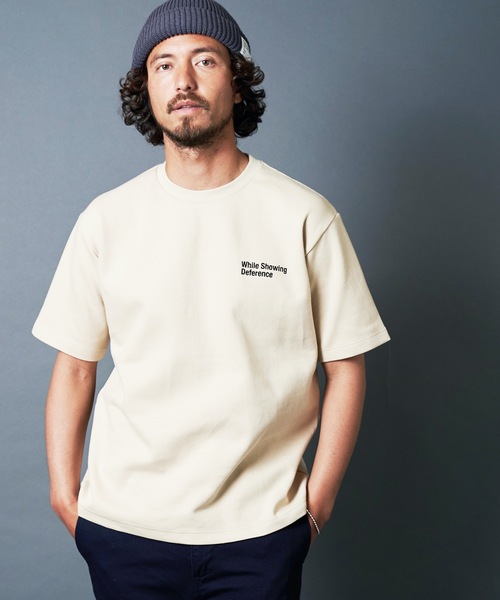 Magine(マージン)の「"While Showing Deference"W KNIT TEE S/S:ダブルニット 刺繍入り Tシャツ(Tシャツ/カットソー・メンズ・ホワイト/ブラック/ベージュ/グレー/オリーブ・44/46/48)」の1枚目の写真
