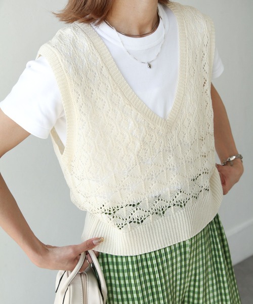 torici 鍵編みベスト 白 torici 鍵編みベスト 白 torici 鍵編みベスト 白 配色カギ針編み