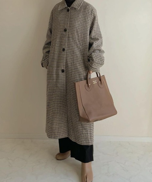 Re:EDIT(リエディ)の「チェック柄ウールタッチステンカラーコート(ステンカラーコート・レディース・ベージュ/ブラウン・LARGE/SHORT/MEDIUM)」の3枚目の写真