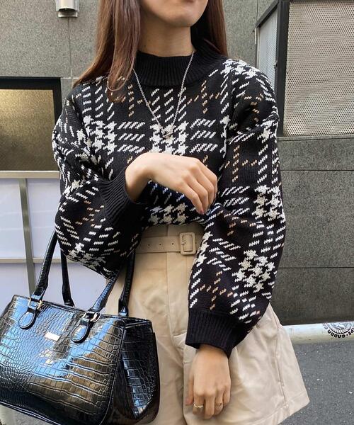 INGNI（イング）の「BIGチェックモックネックニット（ニット/セーター・レディース・ブラック/ベージュ/アイボリー・M）」の3枚目の写真