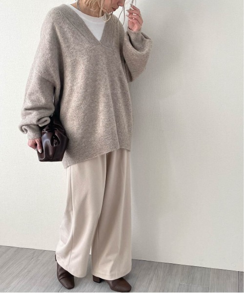 La-gemme(ラジェム)の「ウール混リブ袖ディープネックニット(ニット/セーター・レディース・ベージュ/ブラック/ダークグレー/カーキブラウン/ピンク・フリー)」の7枚目の写真