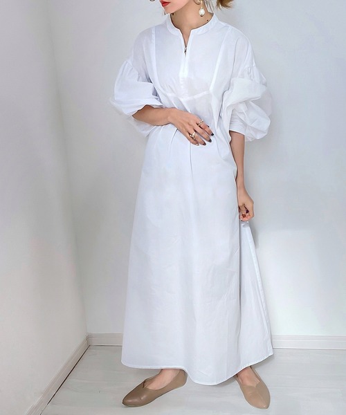 JUNOAH（ジュノア）の「ハーフジップボリュームスリーブワンピース（ワンピース・レディース・グリーン系その他/ブラック/ホワイト/グレー/チャコール/オレンジ/グレイッシュベージュ/ネイビー・LARGE/MEDIUM）」の15枚目の写真