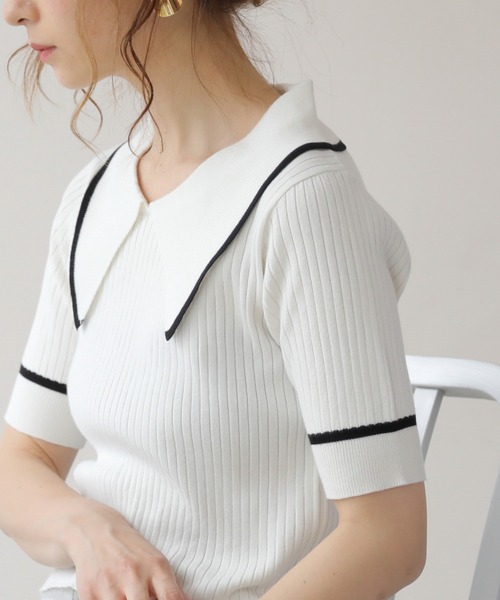 frames RAY CASSIN（フレームスレイカズン）の「WEB限定 BIGカラー配色5分袖ニット（Tシャツ/カットソー・レディース・オフホワイト/ブルー/ブラック/ピンク・FREE）」の2枚目の写真