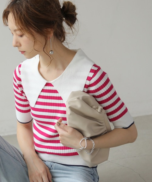 frames RAY CASSIN（フレームスレイカズン）の「WEB限定 BIGカラー配色5分袖ニット（Tシャツ/カットソー・レディース・オフホワイト/ブルー/ブラック/ピンク・FREE）」の4枚目の写真