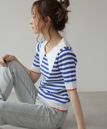 WEB限定 BIGカラー配色5分袖ニット