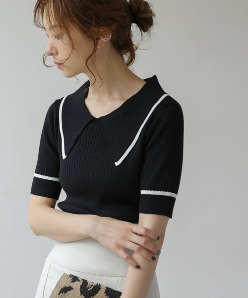 frames RAY CASSIN（フレームスレイカズン）の「WEB限定 BIGカラー配色5分袖ニット（Tシャツ/カットソー・レディース・オフホワイト/ブルー/ブラック/ピンク・FREE）」の3枚目の写真