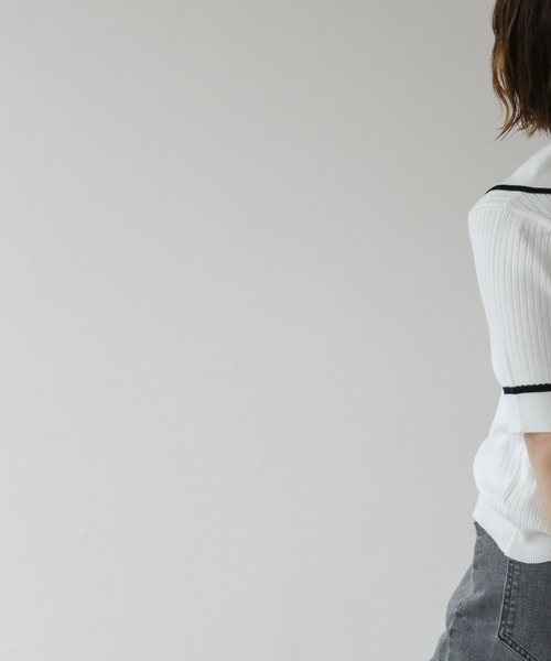 frames RAY CASSIN（フレームスレイカズン）の「WEB限定 BIGカラー配色5分袖ニット（Tシャツ/カットソー・レディース・オフホワイト/ブルー/ブラック/ピンク・FREE）」の5枚目の写真