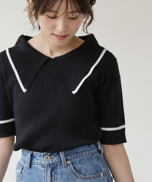 frames RAY CASSIN（フレームスレイカズン）の「WEB限定 BIGカラー配色5分袖ニット（Tシャツ/カットソー・レディース・オフホワイト/ブルー/ブラック/ピンク・FREE）」の7枚目の写真