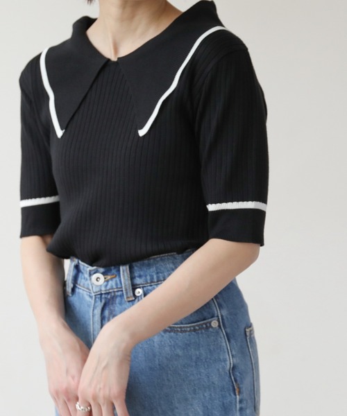 frames RAY CASSIN（フレームスレイカズン）の「WEB限定 BIGカラー配色5分袖ニット（Tシャツ/カットソー・レディース・オフホワイト/ブルー/ブラック/ピンク・FREE）」の8枚目の写真