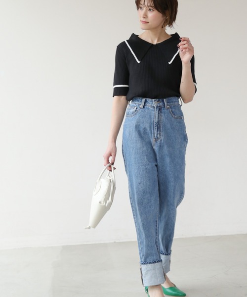 frames RAY CASSIN（フレームスレイカズン）の「WEB限定 BIGカラー配色5分袖ニット（Tシャツ/カットソー・レディース・オフホワイト/ブルー/ブラック/ピンク・FREE）」の11枚目の写真