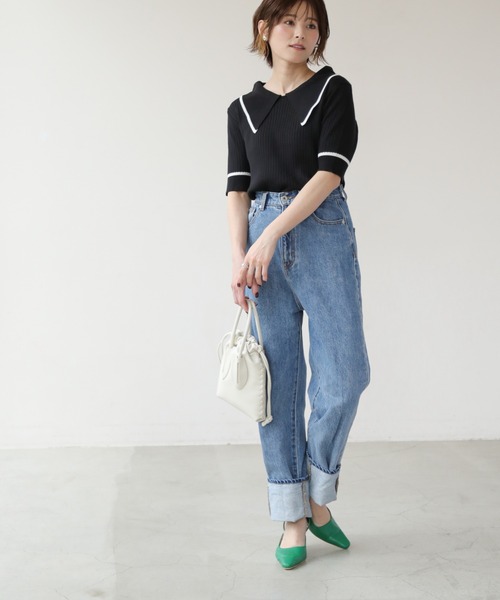 frames RAY CASSIN（フレームスレイカズン）の「WEB限定 BIGカラー配色5分袖ニット（Tシャツ/カットソー・レディース・オフホワイト/ブルー/ブラック/ピンク・FREE）」の12枚目の写真