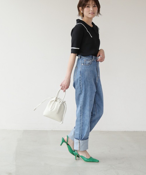 frames RAY CASSIN（フレームスレイカズン）の「WEB限定 BIGカラー配色5分袖ニット（Tシャツ/カットソー・レディース・オフホワイト/ブルー/ブラック/ピンク・FREE）」の13枚目の写真