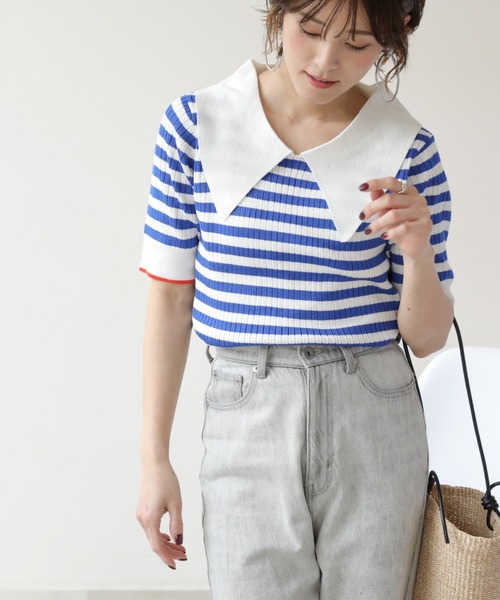 frames RAY CASSIN（フレームスレイカズン）の「WEB限定 BIGカラー配色5分袖ニット（Tシャツ/カットソー・レディース・オフホワイト/ブルー/ブラック/ピンク・FREE）」の14枚目の写真