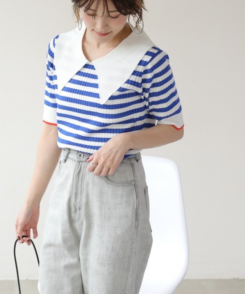 frames RAY CASSIN（フレームスレイカズン）の「WEB限定 BIGカラー配色5分袖ニット（Tシャツ/カットソー・レディース・オフホワイト/ブルー/ブラック/ピンク・FREE）」の15枚目の写真