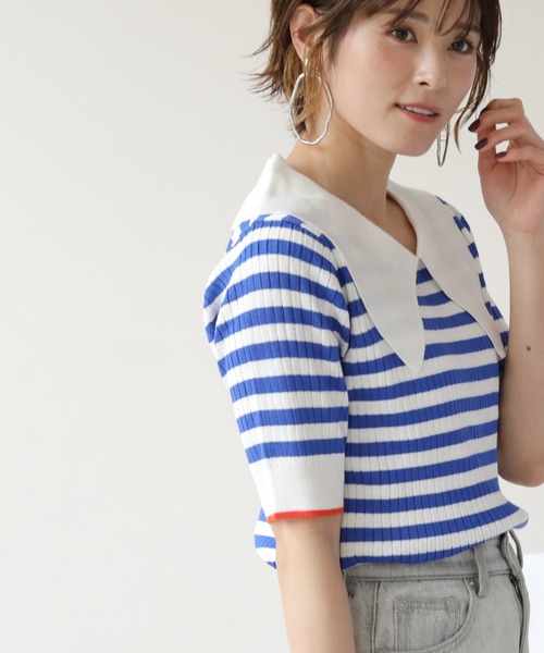 frames RAY CASSIN（フレームスレイカズン）の「WEB限定 BIGカラー配色5分袖ニット（Tシャツ/カットソー・レディース・オフホワイト/ブルー/ブラック/ピンク・FREE）」の16枚目の写真