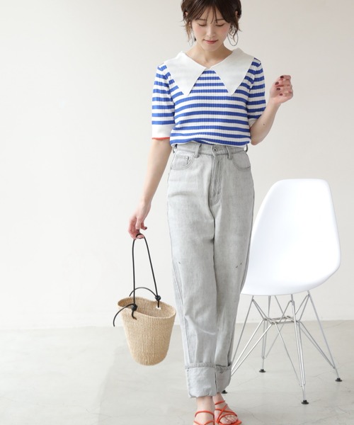 frames RAY CASSIN（フレームスレイカズン）の「WEB限定 BIGカラー配色5分袖ニット（Tシャツ/カットソー・レディース・オフホワイト/ブルー/ブラック/ピンク・FREE）」の19枚目の写真