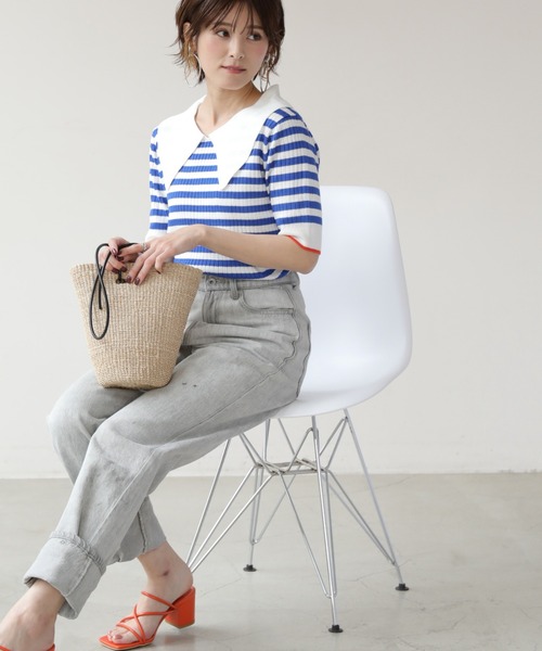 frames RAY CASSIN（フレームスレイカズン）の「WEB限定 BIGカラー配色5分袖ニット（Tシャツ/カットソー・レディース・オフホワイト/ブルー/ブラック/ピンク・FREE）」の22枚目の写真