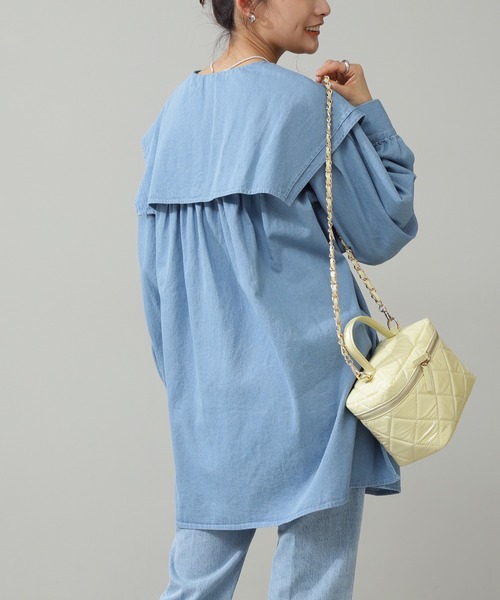 N.（N. Natural Beauty Basic）（エヌエヌナチュラルビューティーベーシック）の「◆フロントシャーリングビッグカラーチュニック（シャツ/ブラウス・レディース・オフホワイト/ブラック/インディゴブルー・MEDIUM）」の13枚目の写真