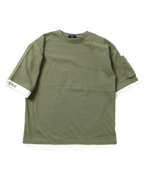 GLAZOS(グラソス)の「厚手天竺・ドロップショルダー袖ポケットフェイクレイヤード5分袖Tシャツ(Tシャツ/カットソー・キッズ・ブラック/カーキ/サックスブルー・130cm/140cm/150cm/160cm/170cm)」の1枚目の写真